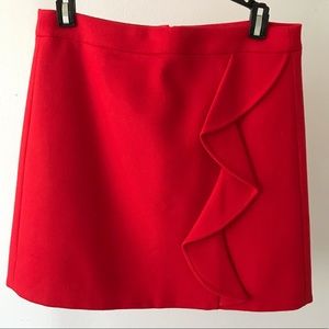Red Mini Wool Skirt with Side Ruffle Detail